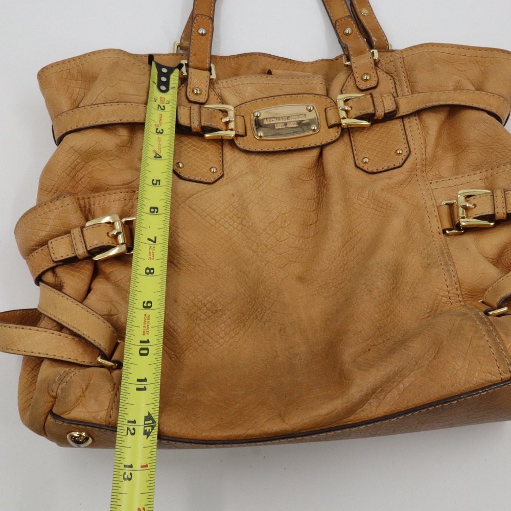 Michael Kors Tote Bag Large Tan Leather Python Embossed Gold Buckle Satchel - Picture 4 of 13